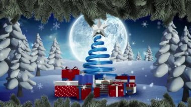 Noel ağacının üzerine düşen kar taneleri ve kış manzarasında gece gökyüzünde aya karşı hediyeler. Noel şenliği ve kutlama konsepti
