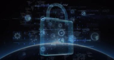 Çevrimiçi güvenlik kilidinin animasyonu dürbün taraması ve veri işleme üzerinde. küresel internet güvenliği, siber suç, bağlantılar ve dijital olarak oluşturulmuş veri işleme kavramı.