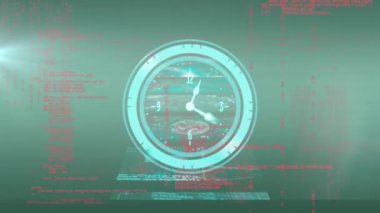 Veri işleme üzerinde hareket eden saatin animasyonu. küresel iş, veri işleme, bağlantılar ve dijital arayüz konsepti dijital olarak oluşturulmuş video.