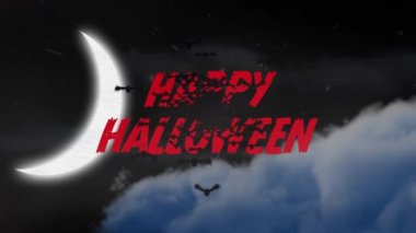 Uçan yarasalar, gökyüzündeki ay ve bulutlar üzerindeki mutlu Cadılar Bayramı metninin animasyonu. Cadılar bayramı, sonbahar, kutlama ve geleneksel konsept dijital olarak oluşturulmuş video.