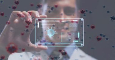 Erkek doktor üzerinde virüs hücrelerinin ve dijital arayüzün animasyonu. küresel tıp, sağlık ve teknoloji covid 19 salgın konsepti boyunca dijital olarak üretilen video.
