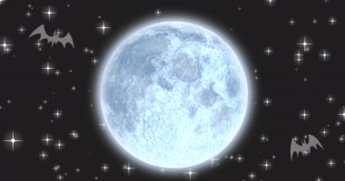 Ay ve gece gökyüzünde cadı animasyonu. Cadılar bayramı geleneği ve dijital olarak oluşturulan kutlama konsepti.