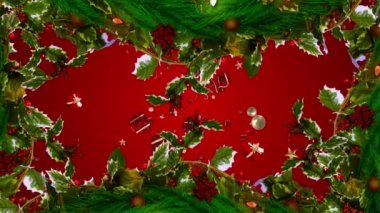 Noel hediyeleri, mücevherler ve kırmızı arka planda yüzen şeker kamışı ikonları üzerine Noel çelengi. Noel şenliği ve kutlama konsepti