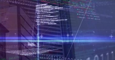 İstatistiklerin animasyonu, ikili kodlama ve şebeke üzerinde finansal veri işleme. küresel iş, finans, bağlantılar ve dijital olarak oluşturulmuş video işleme kavramı.