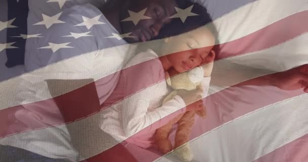 Animación Bandera Estados Unidos América Sobre Sueño Padre Hija Afroamericanos — Vídeos de Stock