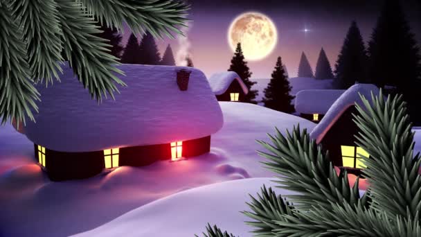 Arbre Noël Sur Plusieurs Maisons Sur Paysage Hivernal Contre Lune — Video