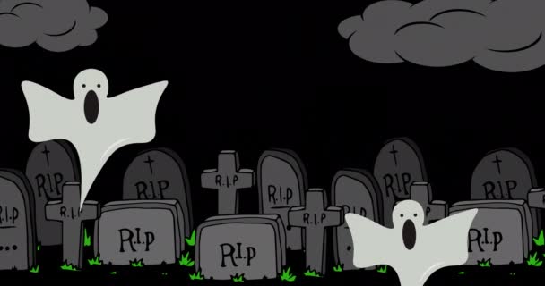 黒を背景に墓地を飛ぶ幽霊のアニメーション ハロウィーンの伝統とお祝いのコンセプトデジタル生成ビデオ — ストック動画