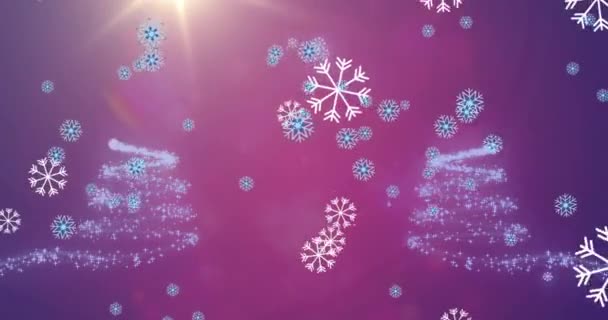 Animatie Van Sneeuw Vallende Kerstboom Patroon Paarse Achtergrond Kerstmis Traditie — Stockvideo