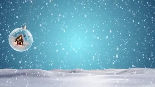 Animazione Neve Che Cade Sopra Penzoloni Bauble Natale Con Casa — Video Stock