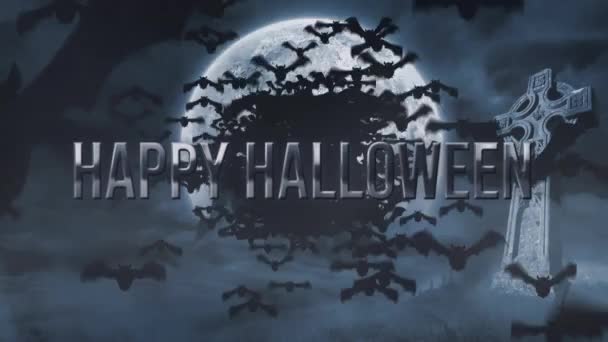 Animación Texto Feliz Halloween Sobre Murciélagos Volando Cementerio Castillo Halloween — Vídeos de Stock