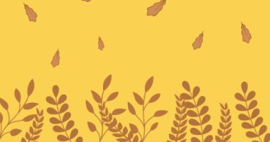 Kahverengi sonbahar yapraklarının sarı arka plana düşüşünün animasyonu. sonbahar, sonbahar, sezon, doğa, desen ve renk konsepti dijital olarak oluşturulmuş video.