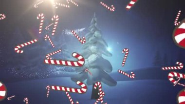 Kış arka planında kayan yıldız ve noel ağacının üzerine düşen baston şekerlerin animasyonu. Noel, gelenek ve kutlama konsepti dijital olarak oluşturuldu.