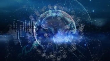 Bağlantılar ağının animasyonu ve dünya çapında finansal veri işleme. küresel hesaplama, veri işleme, bağlantılar ve dijital arayüz konsepti dijital olarak oluşturulmuş video.