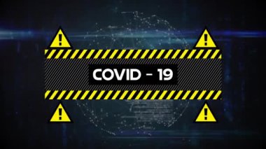 Bağlantı ağı üzerinden covid 19 metnin animasyonu. küresel covid 19 salgını, bilim ve bağlantılar konsepti dijital olarak oluşturulmuş video.