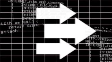 Siyah zemin üzerinde beyaz oklar üzerinde veri işleme animasyonu. küresel hesaplama, veri işleme, bağlantılar ve dijital arayüz konsepti dijital olarak oluşturulmuş video.