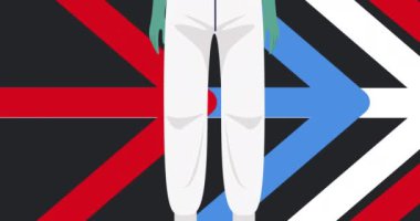 Yüz maskeli bir doktor ve beyaz arka planda renkli oklar. Coronavirus covid 19 salgını sırasında tıbbi ve sağlık hizmetleri dijital olarak üretilen video konsepti.