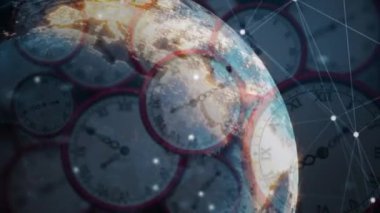 Saatler üzerindeki bağlantı ağının animasyonu. küresel bağlantılar, veri işleme ve dijital arayüz konsepti dijital olarak oluşturulmuş video.