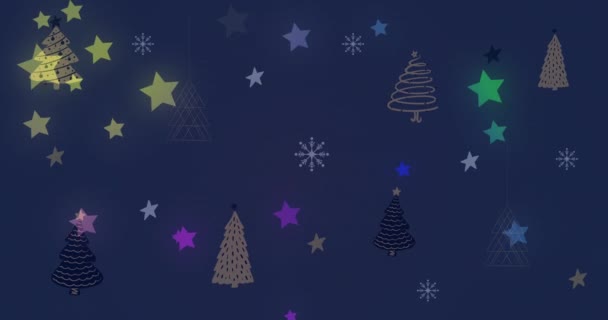 Animation Von Sternen Und Christbaummuster Auf Dunklem Hintergrund Weihnachten Tradition — Stockvideo