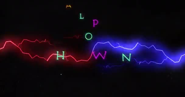 Animation Eines Neonfarbenen Grußtextes Mit Katzen Und Neonmuster Schrecken Halloween — Stockvideo