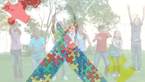 Animation Colourful Puzzle Pieces Creating Autism Awareness Ribbon Schoolchildren Autism — Stock Video