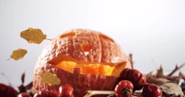 Portakal rengi sonbahar yapraklarının kabağın üzerine düşüşü. mevsimler, sonbahar, sonbahar, renk ve doğa konsepti dijital olarak oluşturulmuş video.