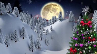 Kış manzarasında Noel ağacının üzerine düşen kar taneleri ve gece gökyüzünde ay. Noel şenliği ve kutlama konsepti