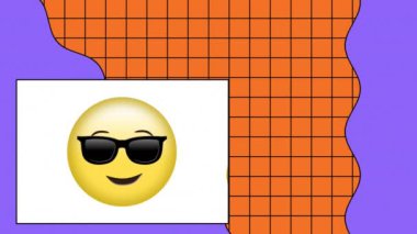 Grafik arkaplan üzerinde güneş gözlüğü emojisi animasyonu. Sosyal medya ve iletişim konsepti dijital olarak oluşturulmuş video.