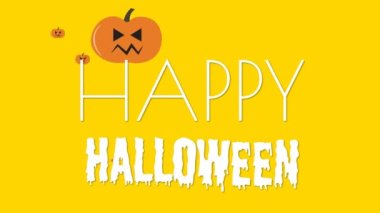 Cadılar Bayramı 'nın animasyonu ve sarı arka planda yüzen balkabakları. Cadılar bayramı geleneği ve dijital olarak oluşturulan kutlama konsepti.