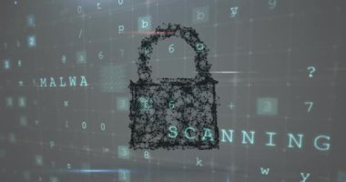 Tarama animasyonu, numaralar ve çevrimiçi güvenlik kilidi. küresel internet güvenliği, veri işleme, bağlantılar ve dijital arayüz konsepti dijital olarak oluşturulmuş video.