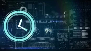 Mavi arka planda saat hareketinin ve veri işlemenin animasyonu. küresel iş, veri işleme, bağlantılar ve dijital arayüz konsepti dijital olarak oluşturulmuş video.