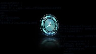 Siyah arkaplanda saat üzerinden veri işleme animasyonu. küresel hesaplama, veri işleme, bağlantılar ve dijital arayüz konsepti dijital olarak oluşturulmuş video.