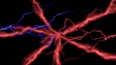 Kırmızı ve mavi elektrik akımlarının, siyah arkaplanda yanıp sönen kırmızı ışık üzerindeki animasyonu. elektrik ve küresel iletişim teknolojisi konsepti dijital olarak oluşturulmuş video.