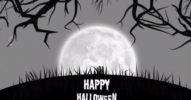 Animation Salutations Halloween Texte Sur Arbre Noir Blanc Effrayant Croix — Video