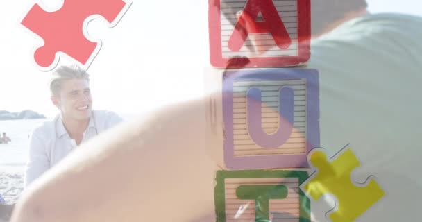 Animação Peças Quebra Cabeça Coloridas Texto Autismo Sobre Amigos Felizes — Vídeo de Stock