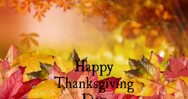 Animatie Van Gelukkige Thanksgiving Dagtekst Herfst Bladeren Landschap Amerikaanse Vakantie — Stockvideo