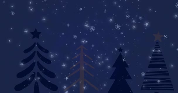 Animation Von Schnee Der Auf Tannenbäume Auf Dunklem Hintergrund Fällt — Stockvideo