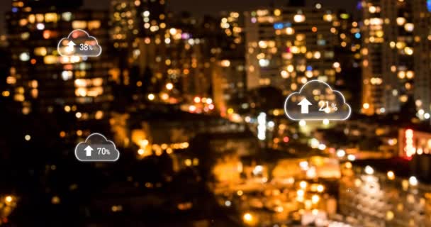 Animación Nubes Digitales Con Porcentaje Subiendo Sobre Paisaje Urbano Conexiones — Vídeos de Stock