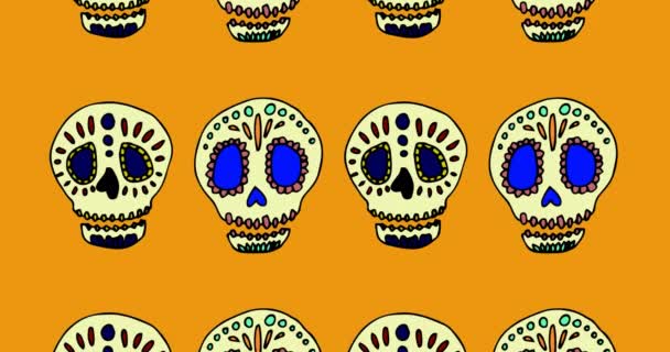 Animation Falling Calaveras Orange Background Halloween Tradition Celebration Concept Digitally — Stock Video