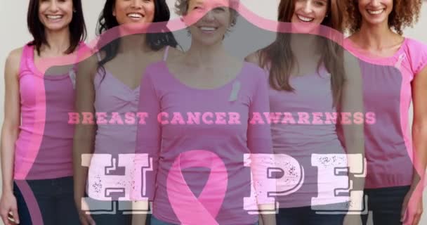 Animação Texto Conscientização Câncer Mama Sobre Grupo Mulheres Sorridentes Conceito — Vídeo de Stock