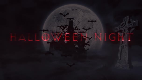Animación Noche Halloween Murciélagos Sobre Luna Llena Sobre Fondo Negro — Vídeos de Stock
