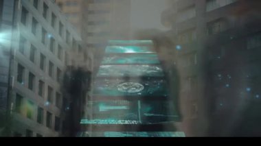 Ofiste yürüyen insanların zaman çizelgesinin animasyonu ve ekranda kayan bilimsel veriler. küresel iş, finans ve veri işleme kavramı dijital olarak oluşturulmuş video.