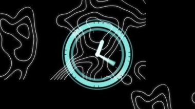 Siyah arkaplandaki beyaz çizgilerin üzerindeki saatin animasyonu. küresel hesaplama, veri işleme, bağlantılar ve dijital arayüz konsepti dijital olarak oluşturulmuş video.