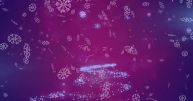 Mor arka planda kar yağan Noel ağacı deseninin animasyonu. Noel, gelenek ve kutlama konsepti dijital olarak oluşturuldu.