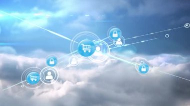 Bulutların üzerindeki simgelerle bağlantı ağının animasyonu. küresel bağlantılar, veri işleme ve dijital arayüz konsepti dijital olarak oluşturulmuş video.