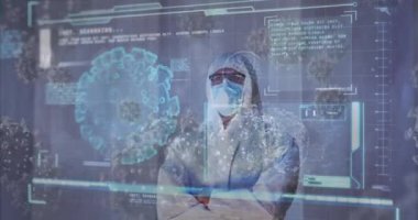 Yüz maskesi takan erkek doktorun üzerindeki virüs hücrelerinin ve dijital arayüzün animasyonu. küresel tıp, sağlık ve teknoloji covid 19 salgın konsepti boyunca dijital olarak üretilen video.