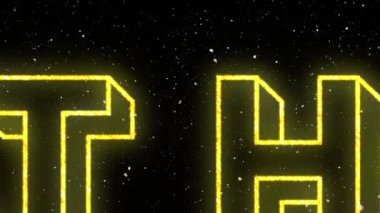 Karların düşüşünün animasyonu. Siyah arka plandaki neon metinde kalın. küresel covid 19 salgın ve sosyal uzaklık kavramı dijital olarak oluşturulmuş video.