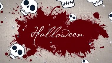 Cadılar Bayramı 'nın animasyonu ve kan lekesi ve bej arka planda yüzen kafatasları. Cadılar bayramı geleneği ve dijital olarak oluşturulan kutlama konsepti.