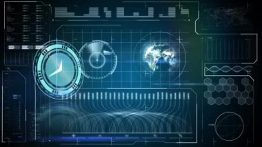 Mavi arka planda saat hareketinin ve veri işlemenin animasyonu. küresel iş, veri işleme, bağlantılar ve dijital arayüz konsepti dijital olarak oluşturulmuş video.