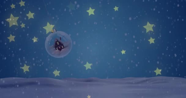 Animacja Gwiazd Spadających Nad Bombkami Bożego Narodzenia Zimowej Scenerii Boże — Wideo stockowe