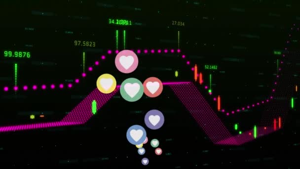 Animación Datos Estadísticos Iconos Del Corazón Sobre Fondo Negro Concepto — Vídeos de Stock